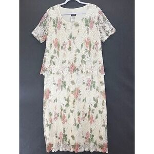 Helene Blake Chenille Lace Dress Ivory Rose Print Sz 16W Wedding Guest